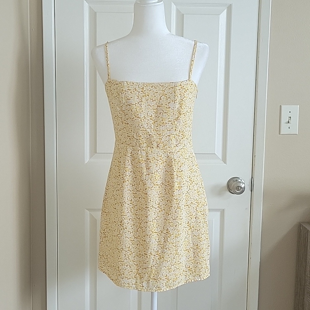 Nasty Gal Yellow Retro Pansy Floral Square Neck Mini Dress - Size 4